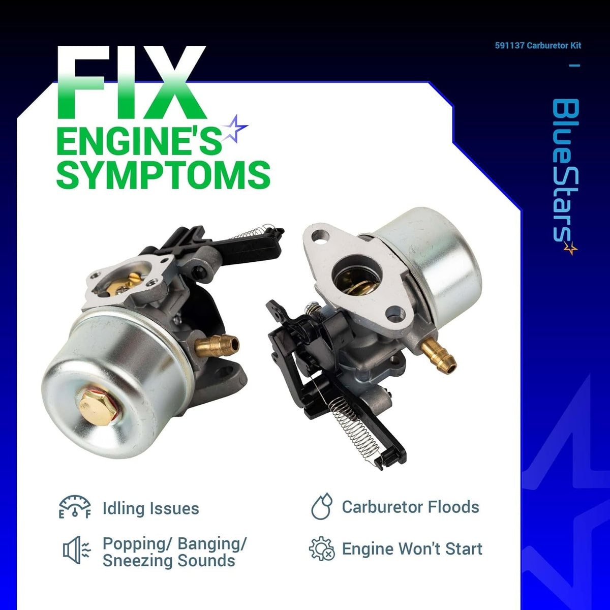 Two 591137 593599 replacement carburetors for Troy-Bilt pressure washer engines shown from different angles.
