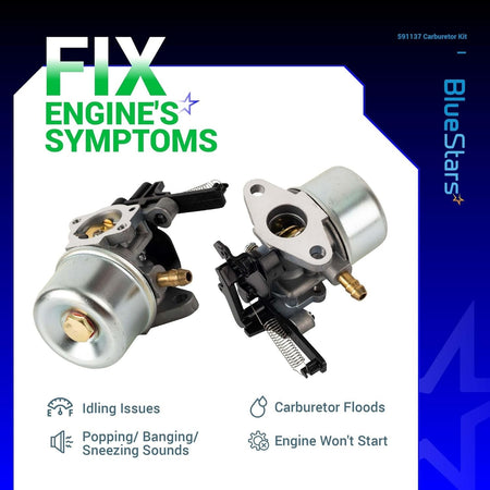 Two 591137 593599 replacement carburetors for Troy-Bilt pressure washer engines shown from different angles.
