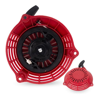 Red pull start recoil starter assembly for Honda GCV160 engines, showing front and back views.