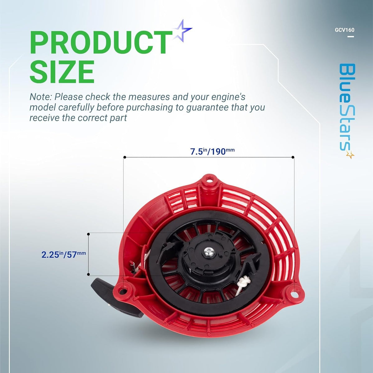 Dimensional diagram of GCV160 pull start recoil starter showing 7.5-inch diameter and 2.25-inch height measurements.