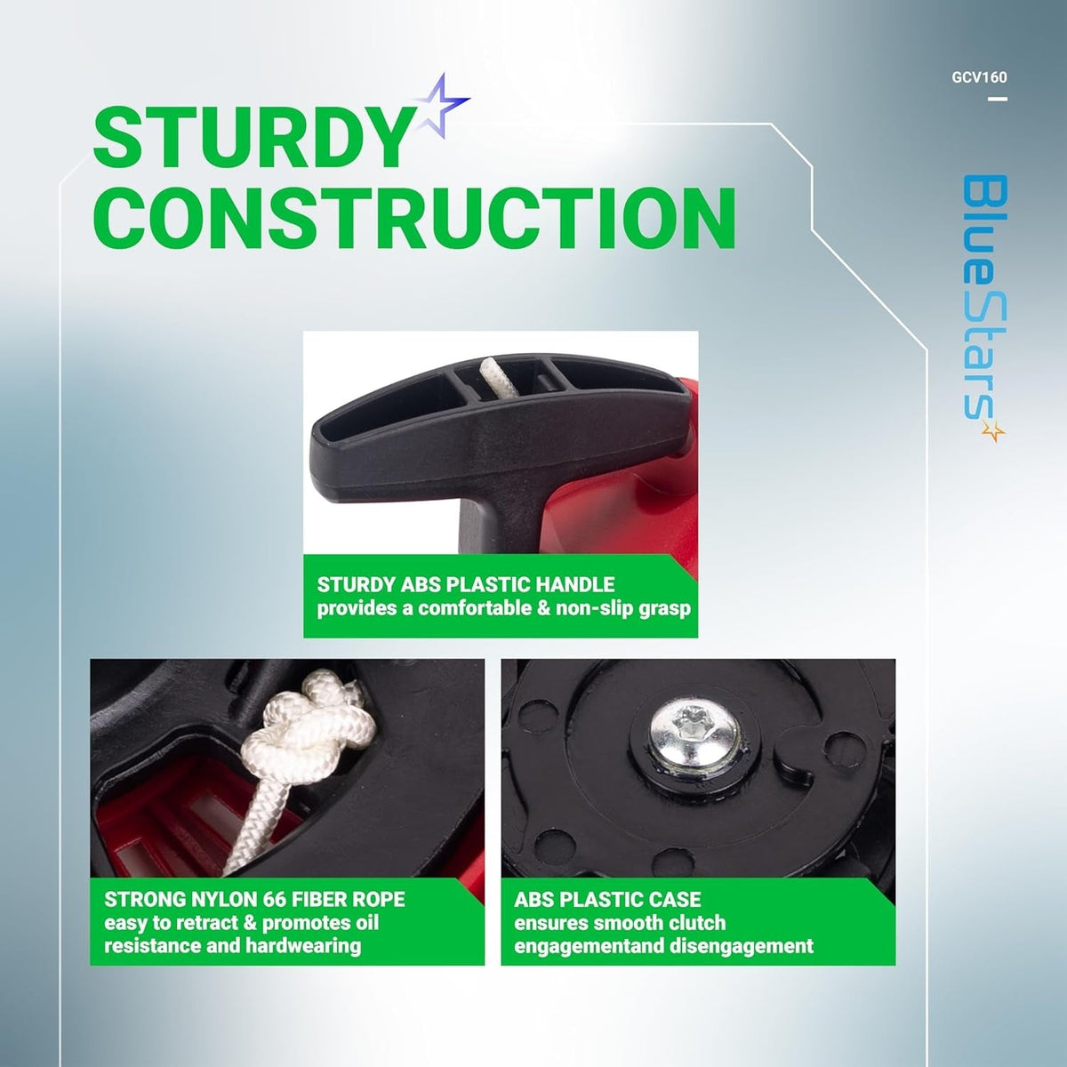 Infographic showing sturdy construction details of GCV160 recoil starter handle, nylon rope, and ABS plastic case.