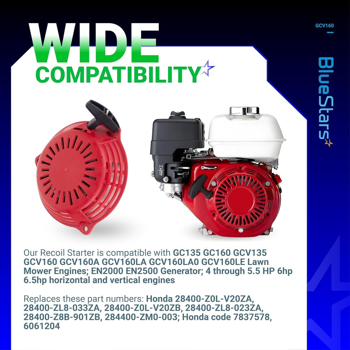 GCV160 pull start recoil starter shown next to a compatible Honda lawn mower engine.
