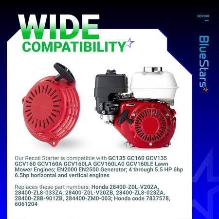 GCV160 pull start recoil starter shown next to a compatible Honda lawn mower engine.