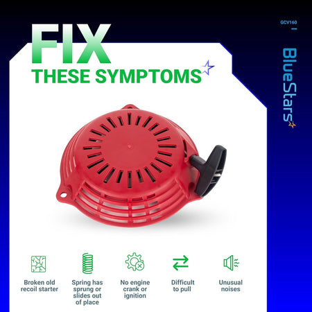 Red pull start recoil starter for Honda GCV160 engine with symptom troubleshooting guide.