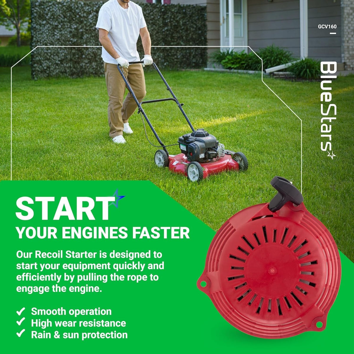 Red GCV160 pull start recoil starter replacement for Honda lawn mower engines shown in a product feature graphic.
