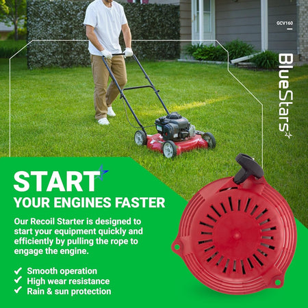 Red GCV160 pull start recoil starter replacement for Honda lawn mower engines shown in a product feature graphic.