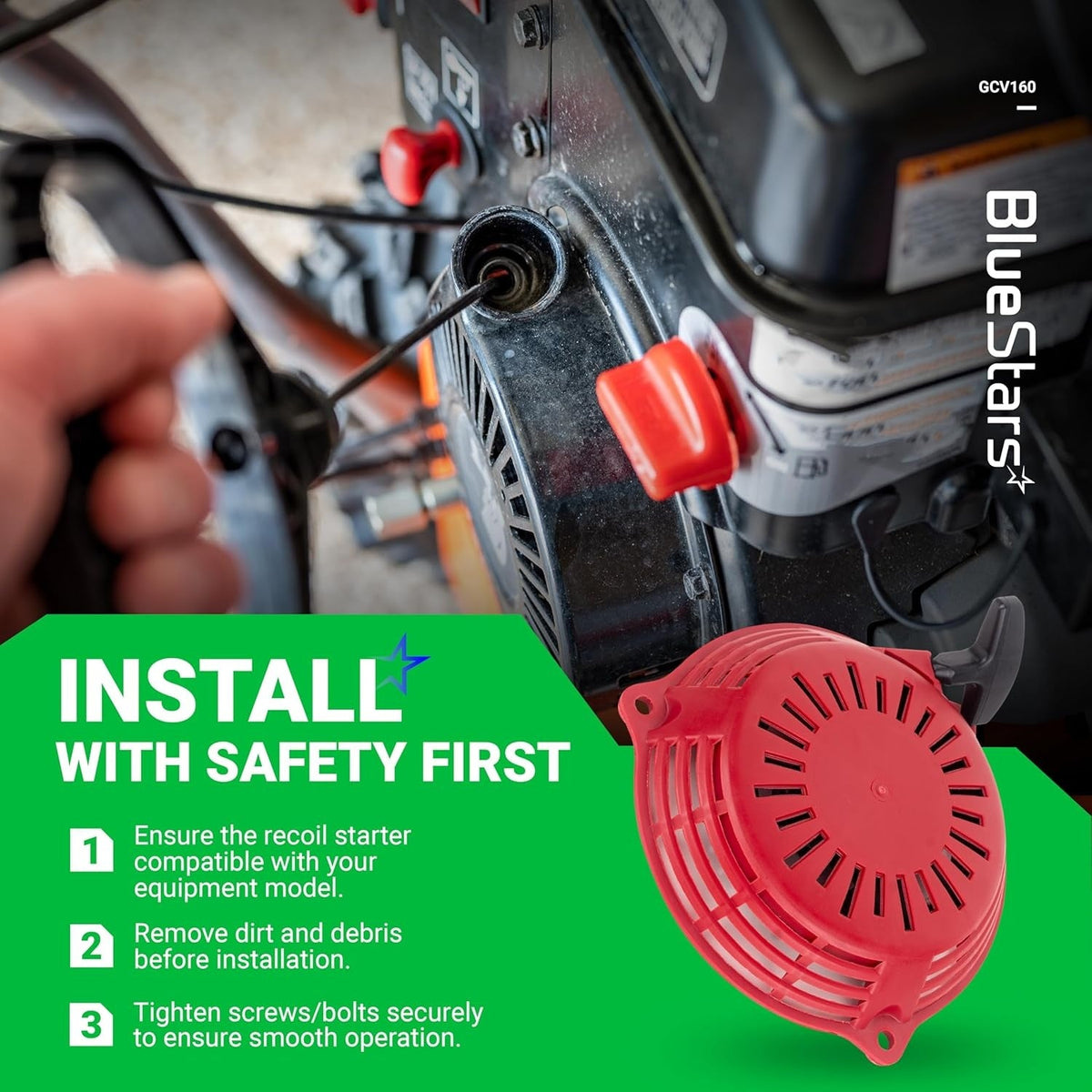 Red recoil starter for Honda GCV160 engine with installation safety instructions graphic.