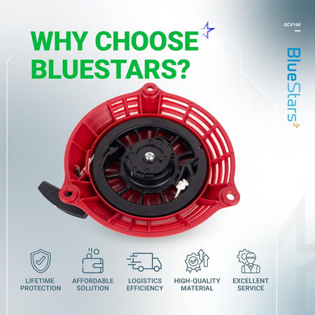 Red GCV160 pull start recoil starter for Honda lawn mower engines with BlueStars branding and service icons.