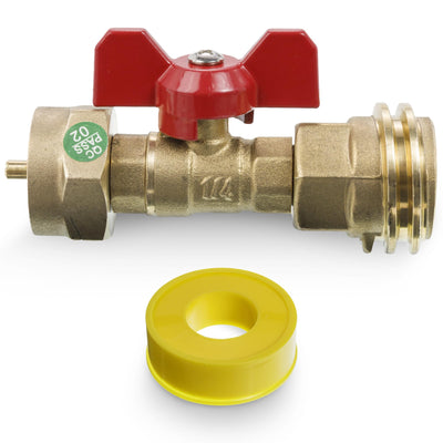 Propane tank adapter with red shut-off valve and yellow thread seal tape roll.