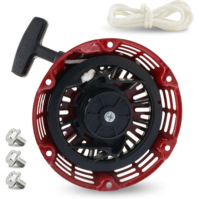 Red GX160 recoil starter assembly with pull rope and three mounting bolts for Honda GX120, GX160, and GX200 engines.
