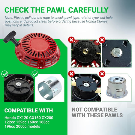 Comparison chart showing compatible steel rod pawl recoil starter for Honda GX120 GX160 GX200 engines.