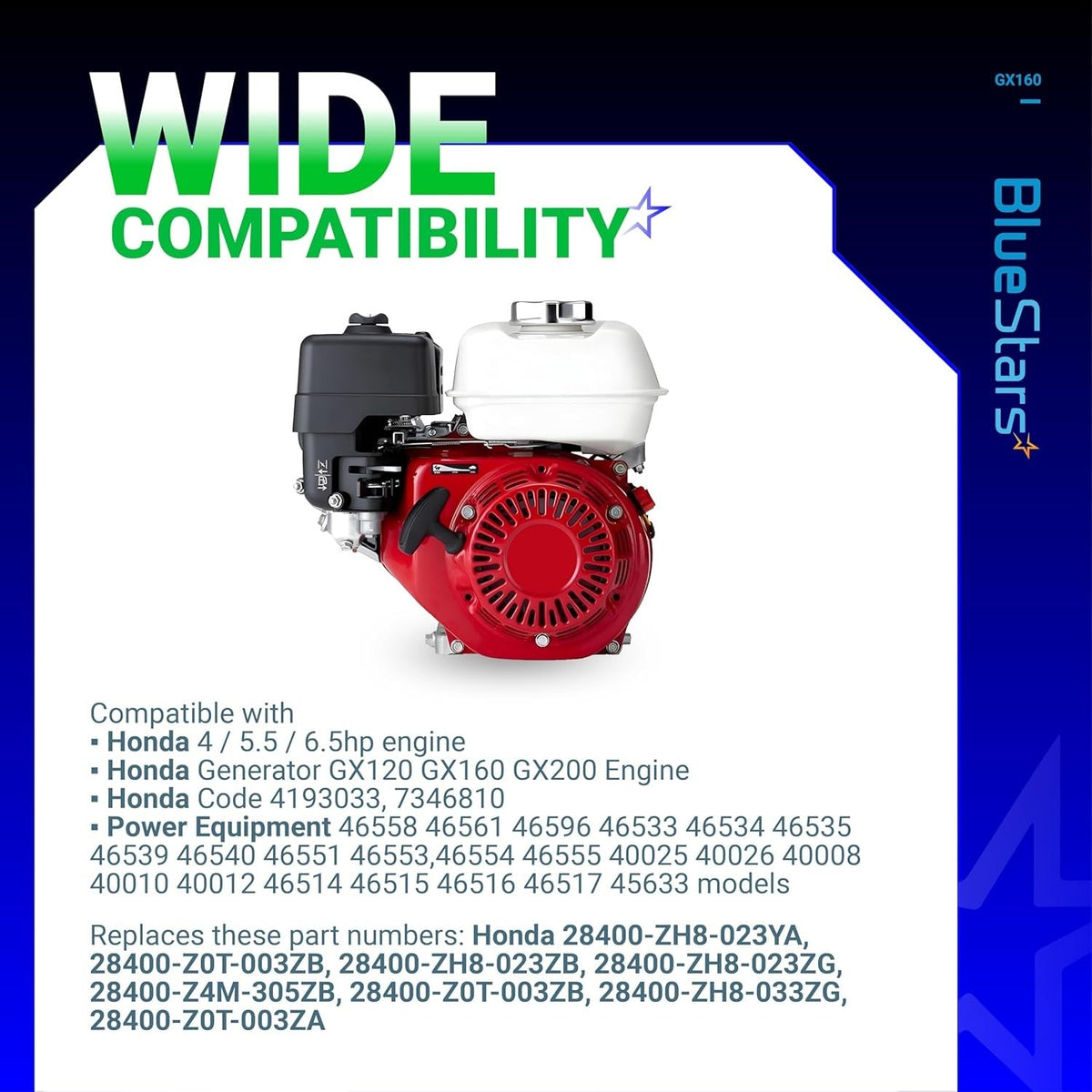 Infographic showing GX160 recoil starter compatibility with Honda GX120, GX160, and GX200 engines.