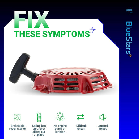Red GX160 recoil starter assembly with pull rope, showing common engine symptoms it fixes.