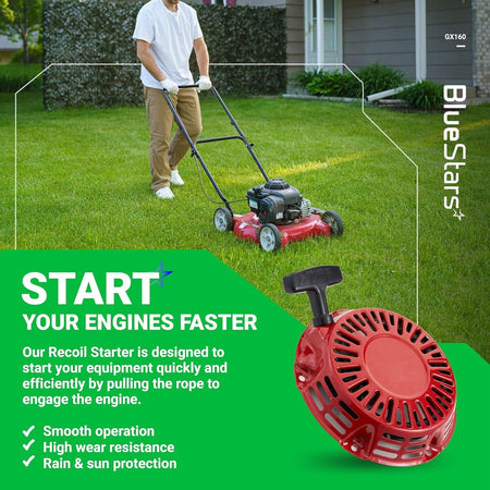 Red recoil starter assembly for Honda GX160 engines shown on a promotional graphic with a lawn mower.