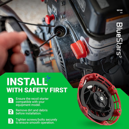 GX160 recoil starter installation guide showing the pull starter assembly and engine maintenance steps.