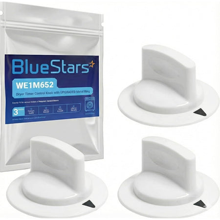 WE1M652 Dryer Timer Control Knob with Metal Ring, 3-pack shown with three white knobs and BlueStars packaging