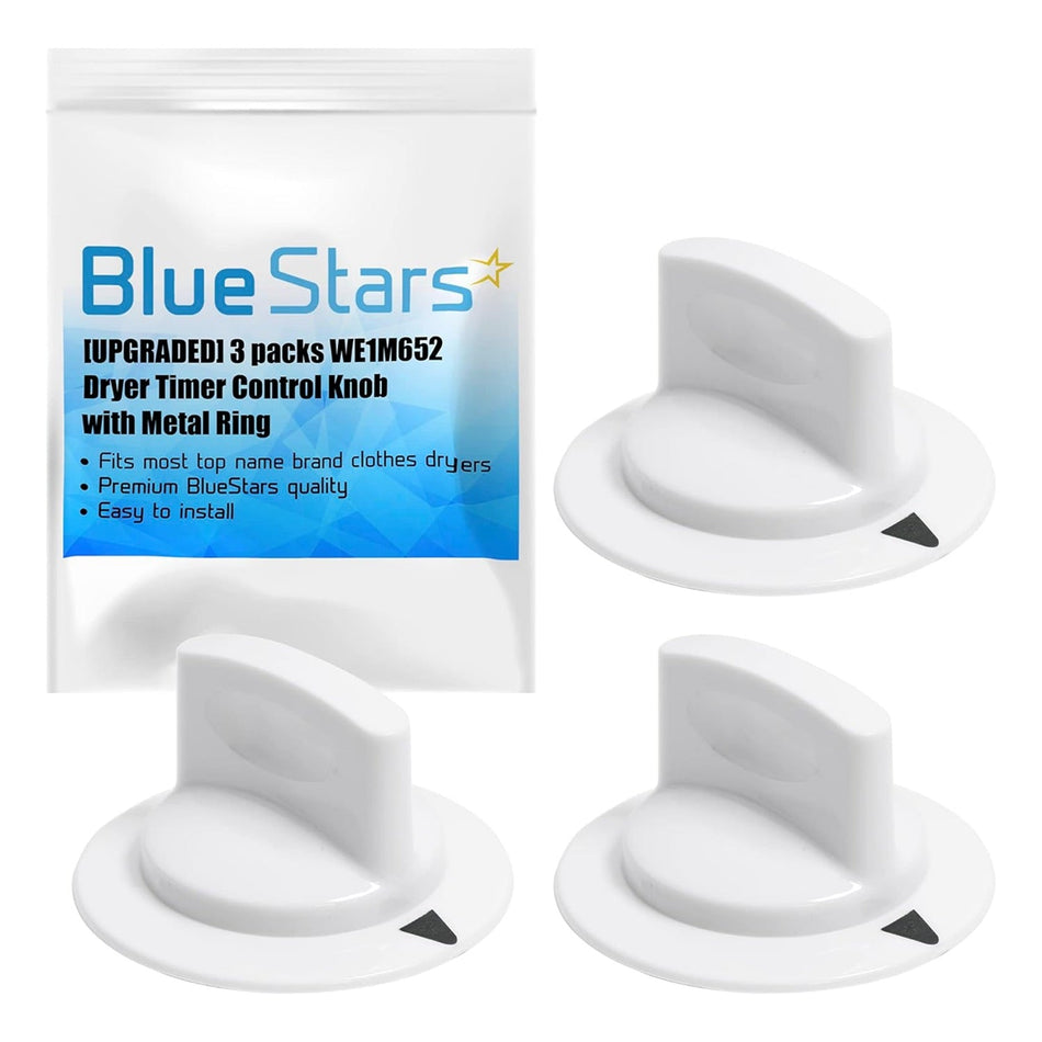 Three white WE1M652 dryer timer control knobs with metal rings and branded packaging.