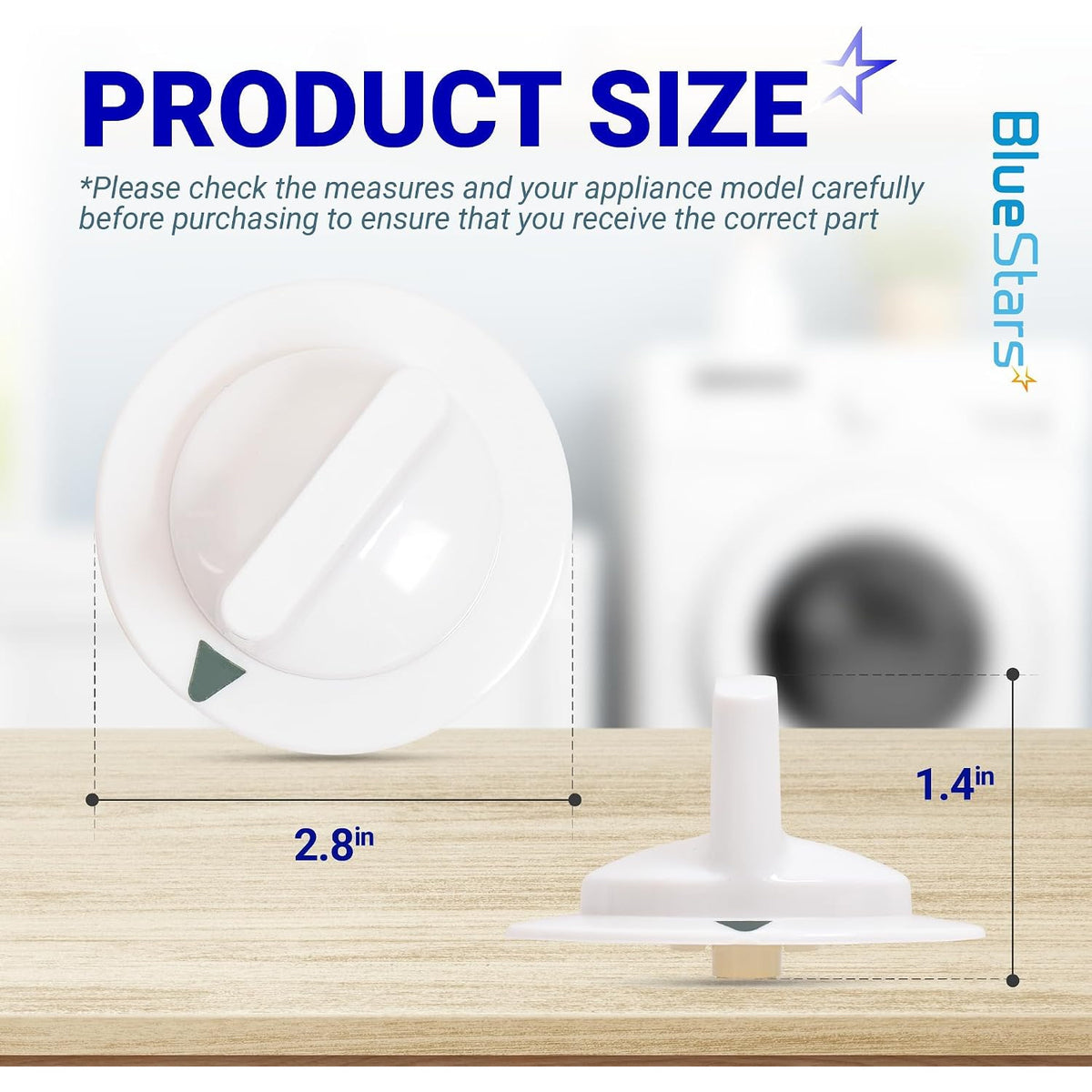 WE1M652 Dryer Timer Control Knob with Metal Ring, product size diagram showing 2.8 in width and 1.4 in height