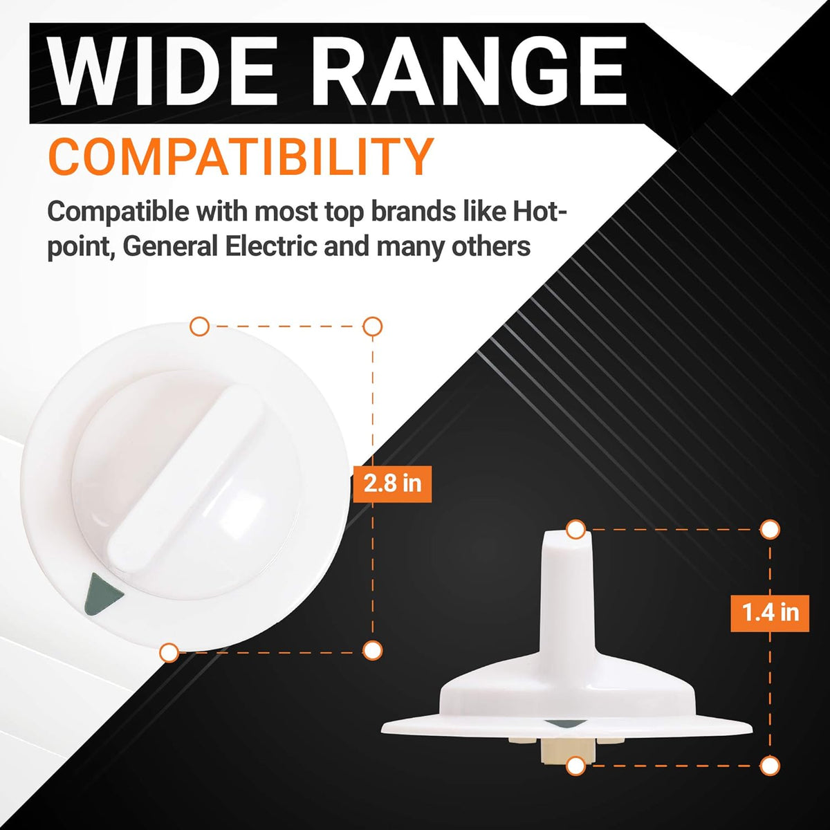 WE1M652 dryer timer control knob showing top and side dimensions of 2.8 inches and 1.4 inches.
