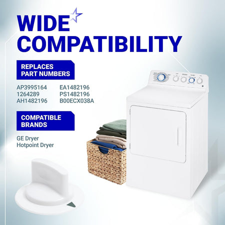 WE1M652 Dryer Timer Control Knob with Metal Ring, compatibility graphic showing GE and Hotpoint dryers and replacement number