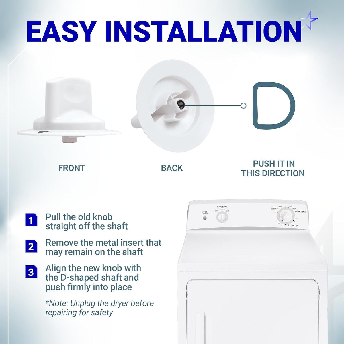 WE1M652 Dryer Timer Control Knob with Metal Ring, easy-installation diagram with front and back views, ring, and dryer