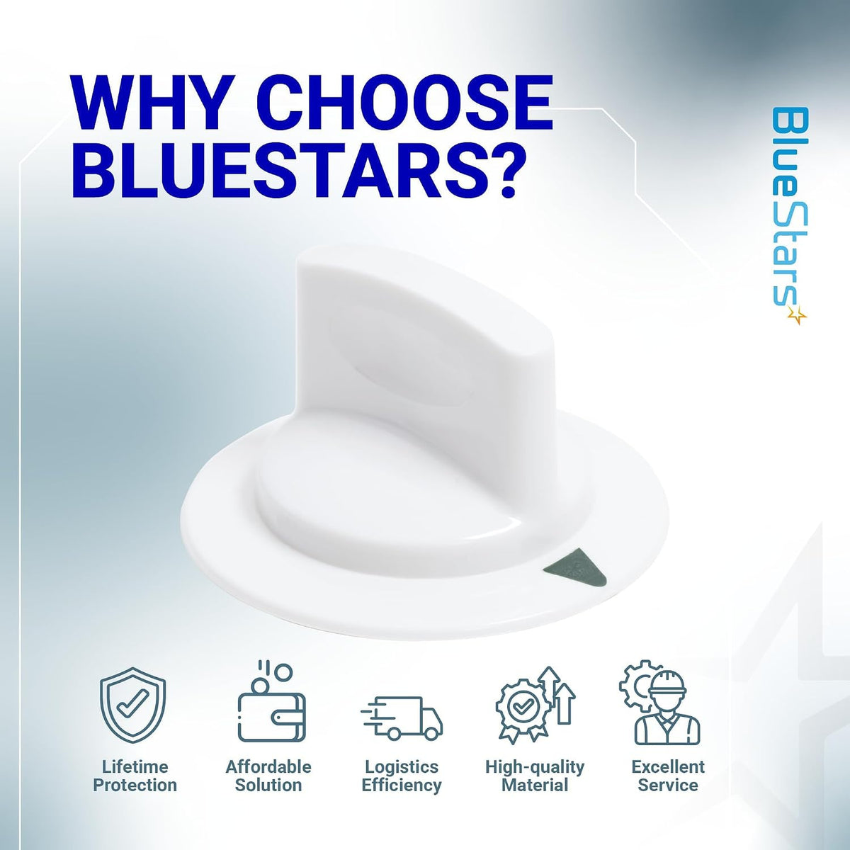 WE1M652 Dryer Timer Control Knob with Metal Ring, BlueStars graphic showing white knob and service icons