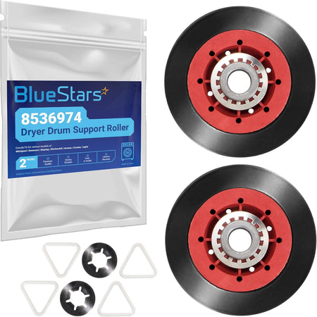 8536974 Dryer Drum Support Roller packaging with two rollers and included washers and triangular clips