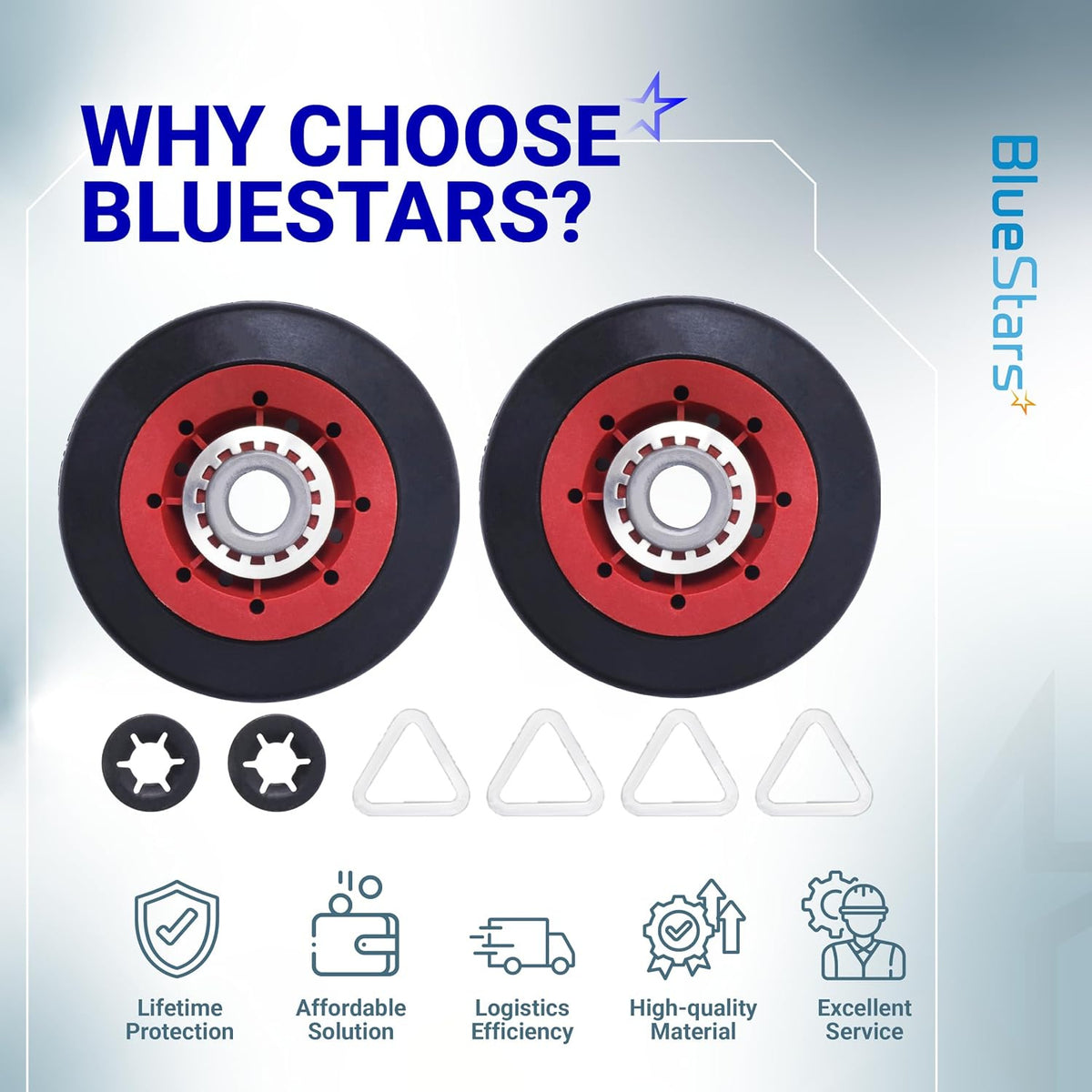 8536974 Dryer Drum Support Roller - two rollers with clips and four triangular parts shown in a BlueStars graphic