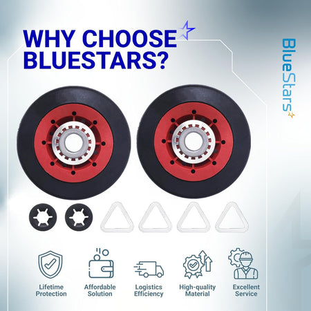 8536974 Dryer Drum Support Roller - two rollers with clips and four triangular parts shown in a BlueStars graphic