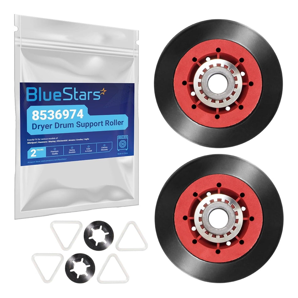 Two 8536974 dryer drum support rollers with washers and clips in BlueStars packaging.