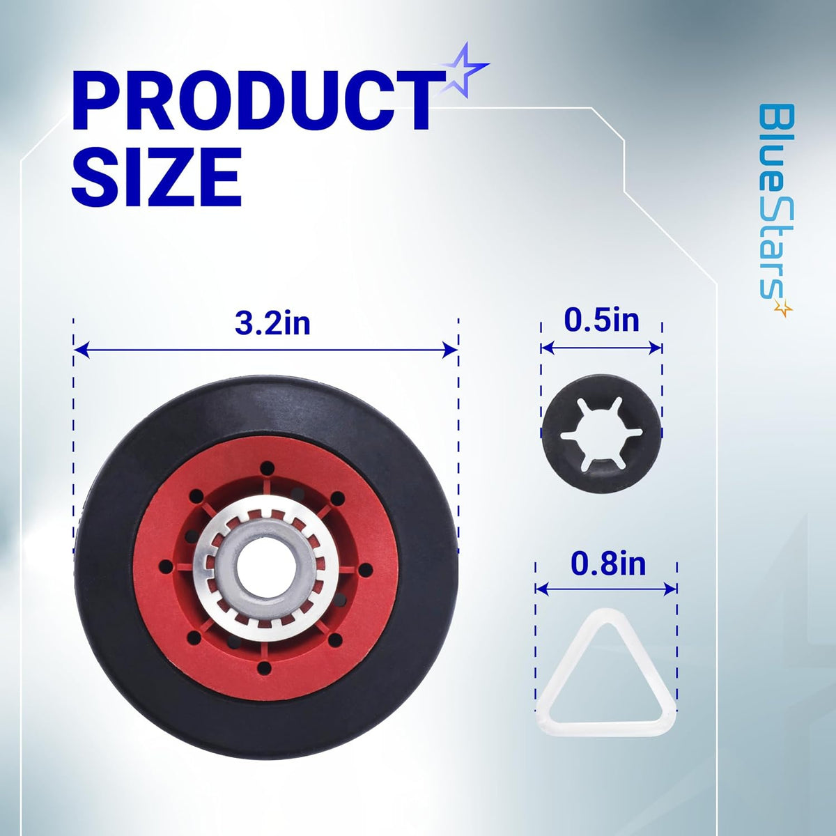 8536974 Dryer Drum Support Roller product size diagram showing 3.2in roller, 0.5in cap, and 0.8in triangular clip
