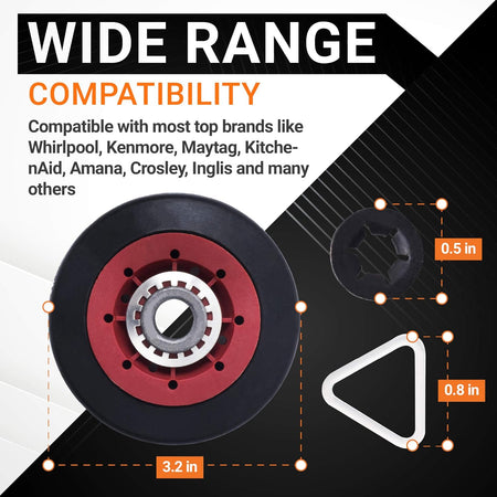Dryer drum support roller with dimensions and included hardware components for Whirlpool, Kenmore, and Maytag dryers.