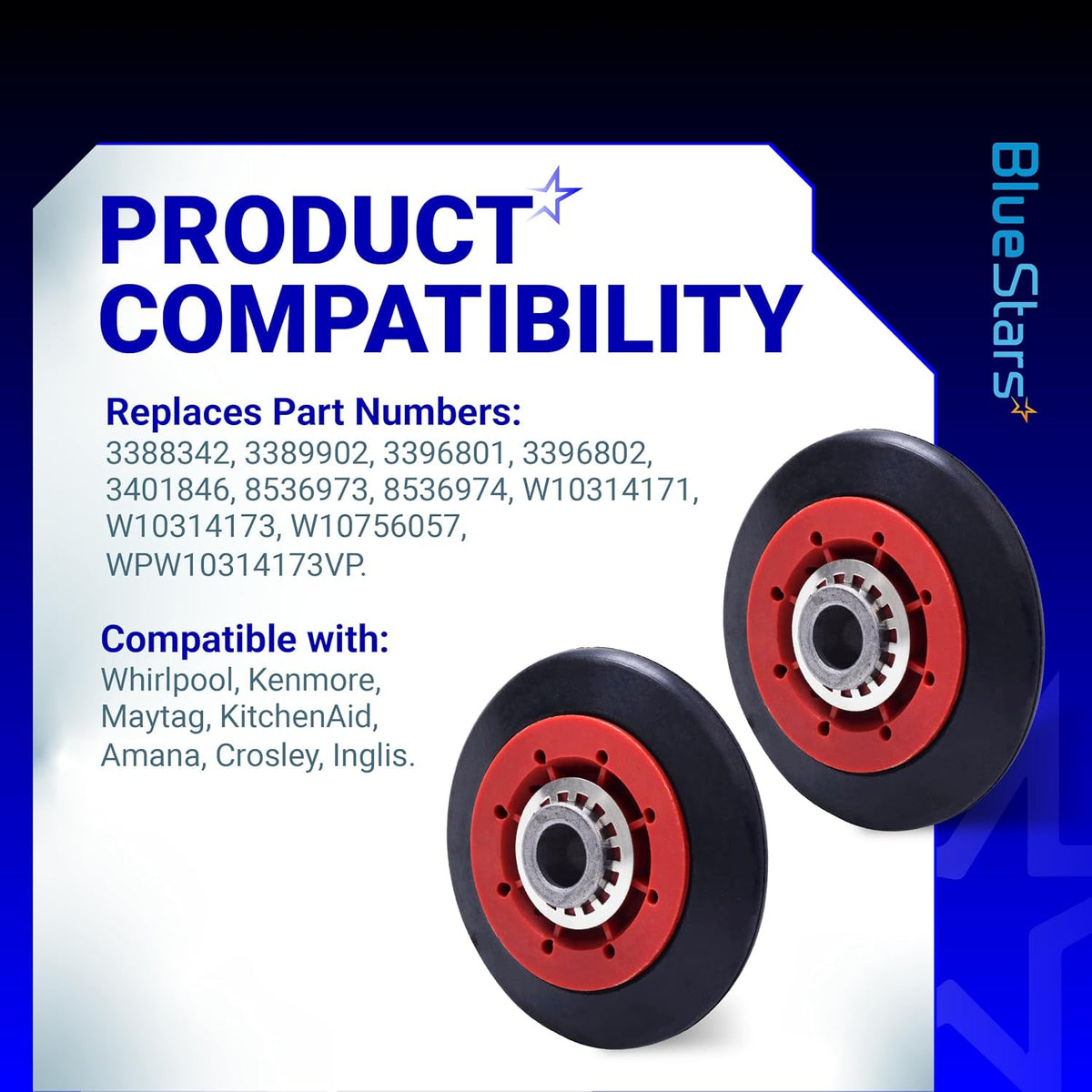 8536974 Dryer Drum Support Roller compatibility graphic showing two rollers, replacement numbers, and compatible brands