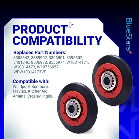 8536974 Dryer Drum Support Roller compatibility graphic showing two rollers, replacement numbers, and compatible brands