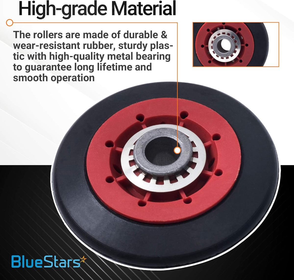 Close-up of 8536974 dryer drum support roller showing durable rubber, plastic, and metal bearing construction.