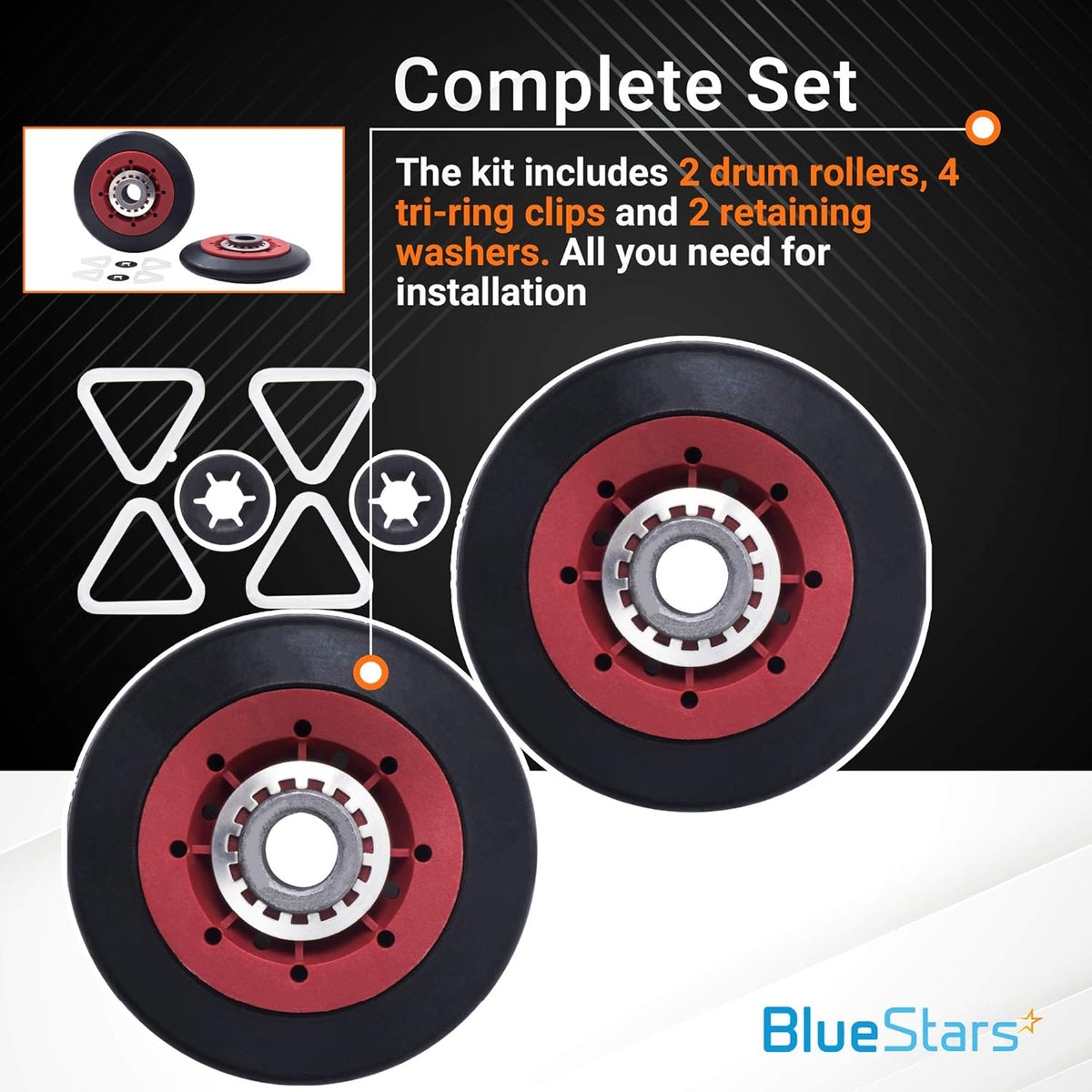 Dryer drum support roller kit with 2 rollers, 4 tri-ring clips, and 2 retaining washers for Whirlpool dryers.