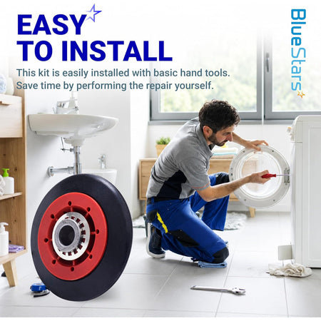 8536974 Dryer Drum Support Roller, large roller shown beside a technician servicing an open dryer