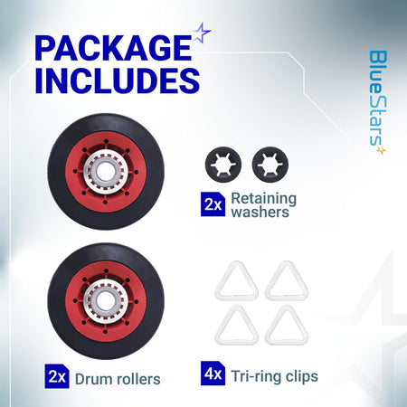 8536974 Dryer Drum Support Roller 2-pack, showing two drum rollers, two retaining washers, and four tri-ring clips
