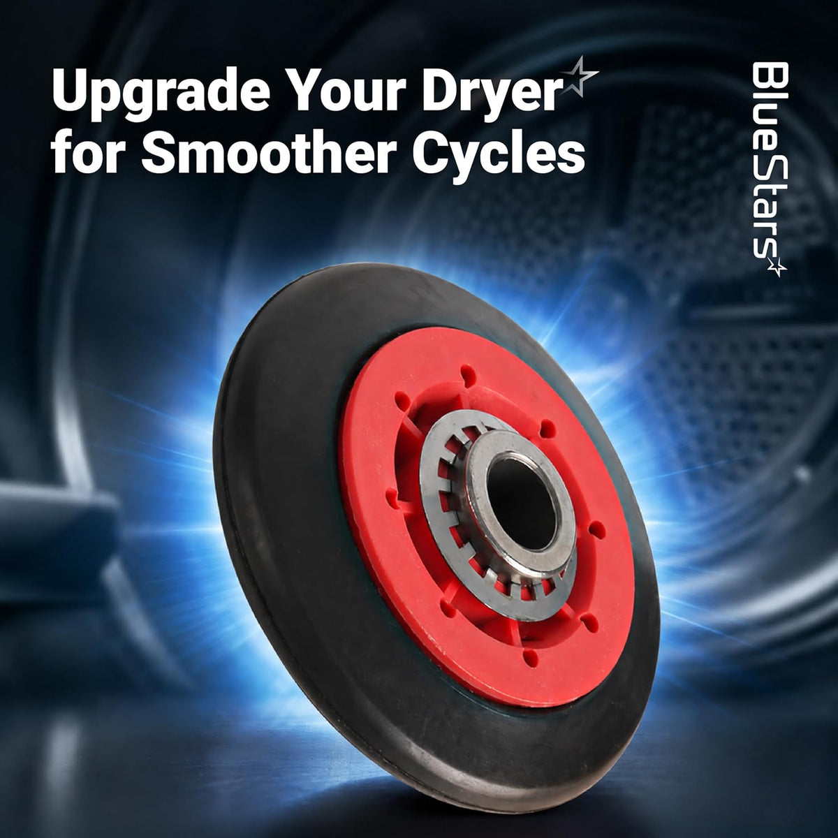 8536974 Dryer Drum Support Roller, close-up of one black roller with a red hub