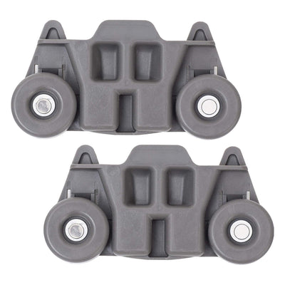 Two gray W10195416 dishwasher lower dish rack wheel assemblies for KitchenAid, Whirlpool, and Kenmore dishwashers.