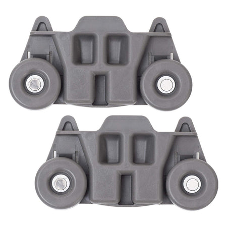Two gray W10195416 dishwasher lower dish rack wheel assemblies for KitchenAid, Whirlpool, and Kenmore dishwashers.