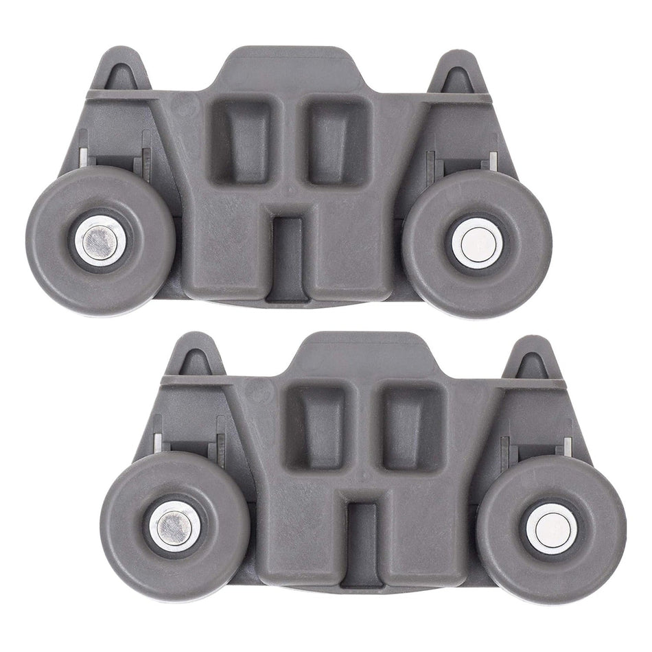 Two gray W10195416 dishwasher lower dish rack wheel assemblies for KitchenAid, Whirlpool, and Kenmore dishwashers.