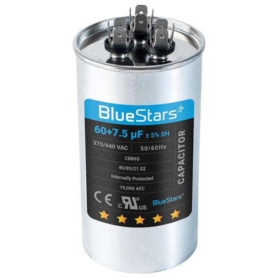 BlueStars 60+7.5 uF MFD 370/440 VAC CBB65B dual run round capacitor for AC motor and condenser units.