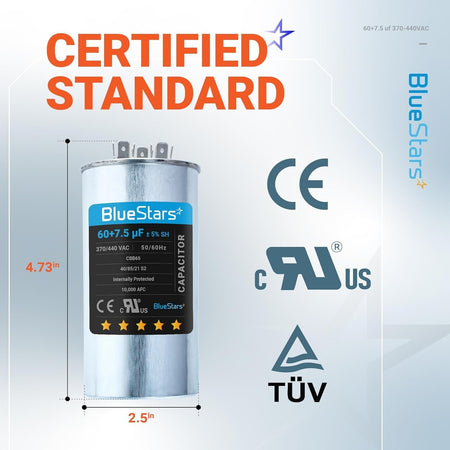BlueStars 60+7.5 uF dual run round capacitor with 4.73-inch height and 2.5-inch diameter dimensions.