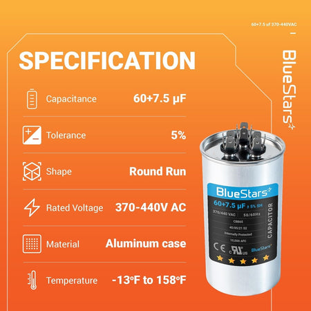 Specification chart for 60+7.5 uF 370/440 VAC CBB65B dual run round capacitor with technical details.