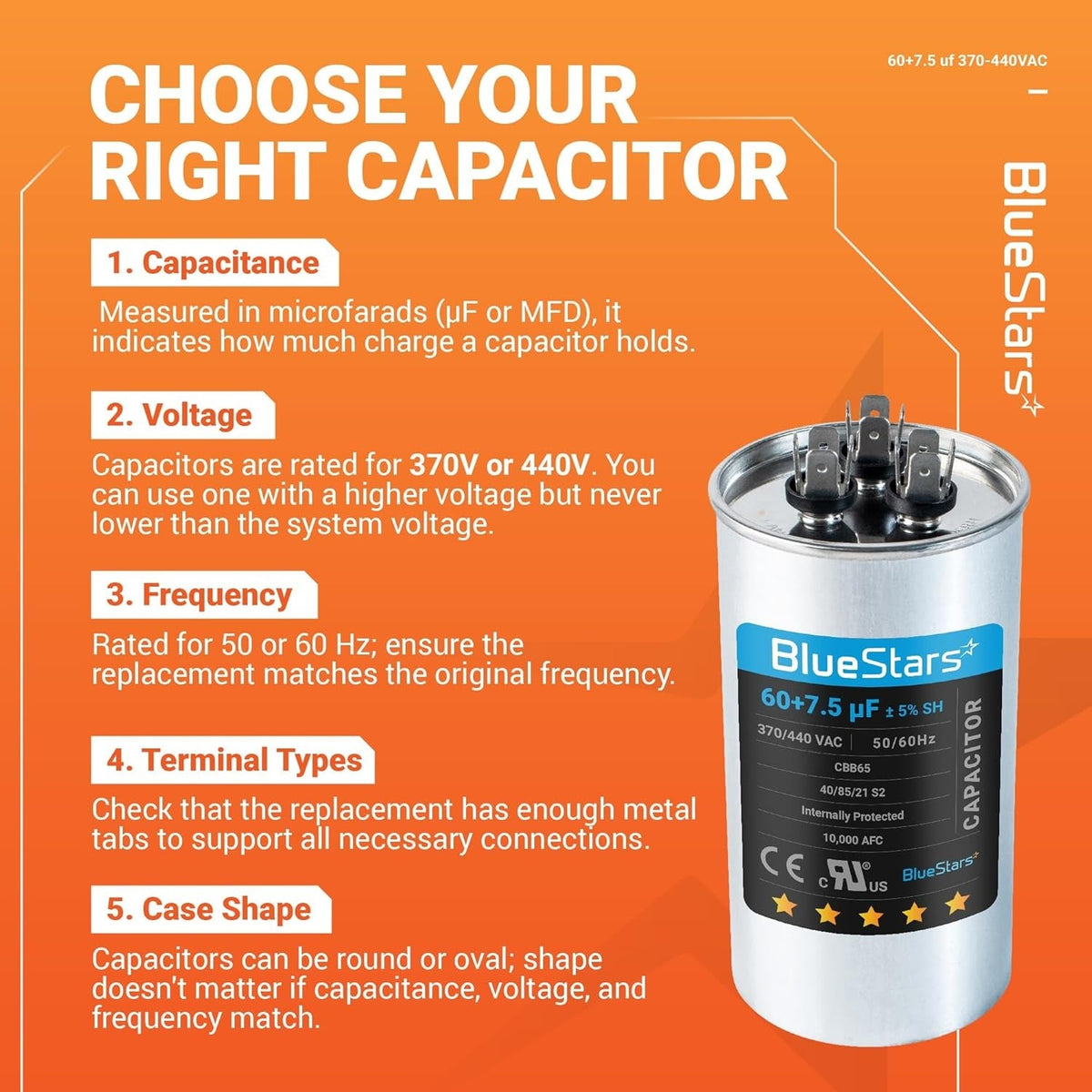 Educational infographic showing 60+7.5 uF dual run round capacitor specifications and selection guide.