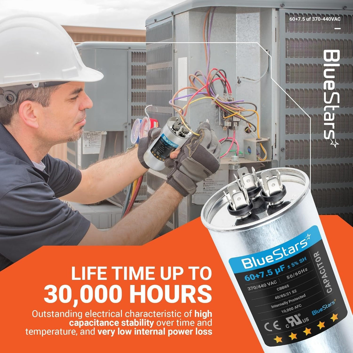 Technician installing a 60+7.5 MFD 370/440 VAC dual run capacitor into an AC condenser unit.