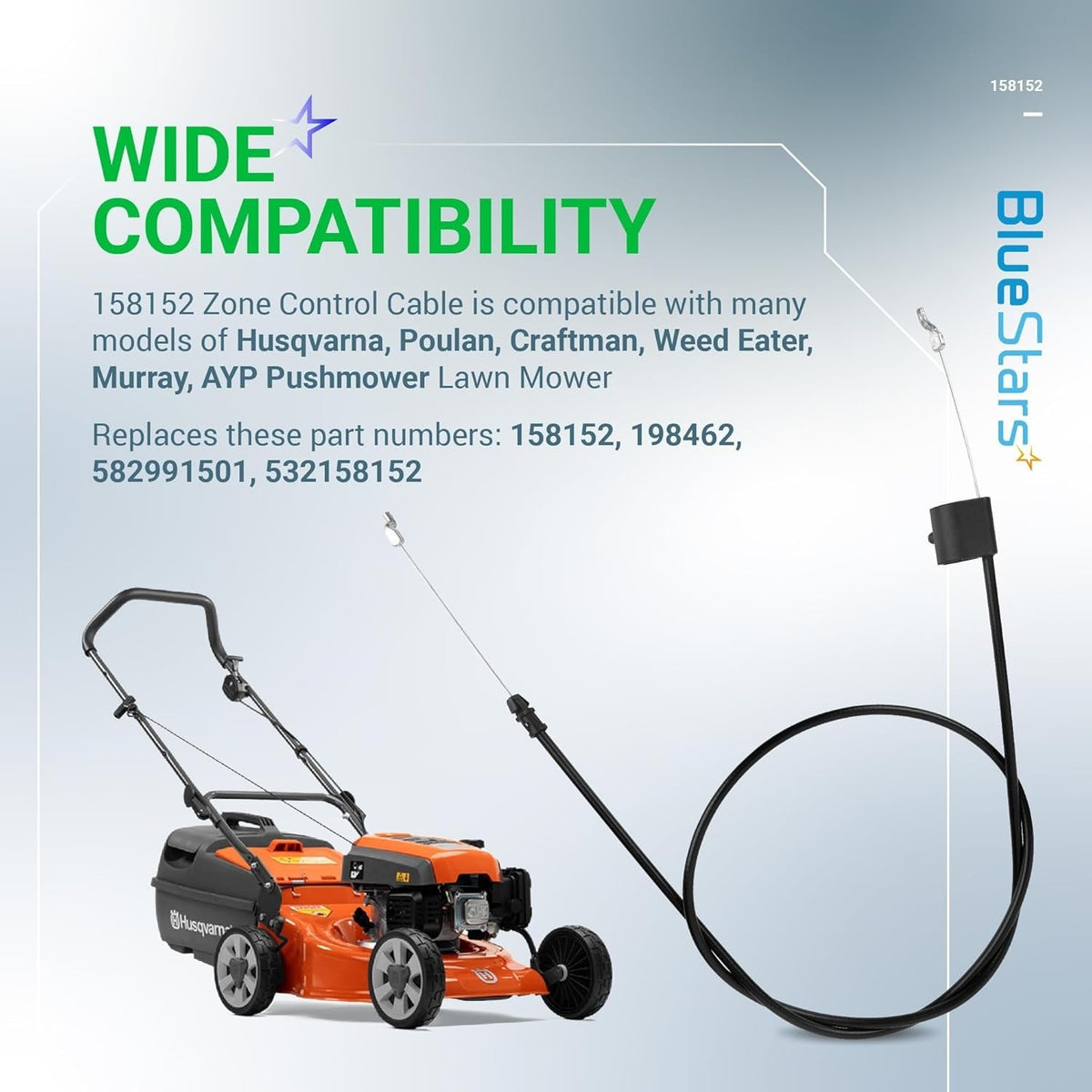 Infographic showing 158152 lawn mower zone control cable compatibility with Husqvarna, Poulan, and Craftsman mowers.