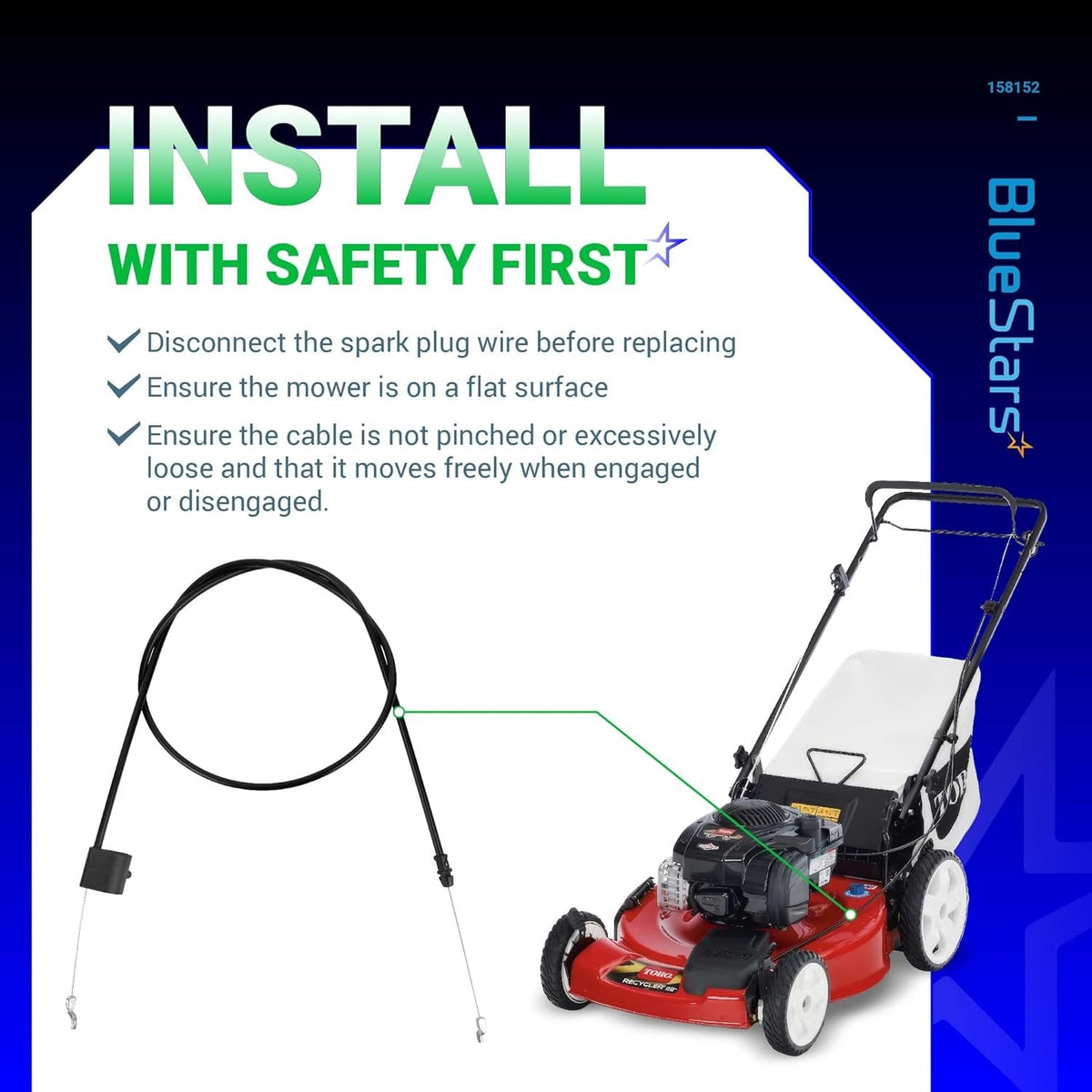 Instructional graphic showing lawn mower throttle cable installation and safety tips for walk-behind mowers.