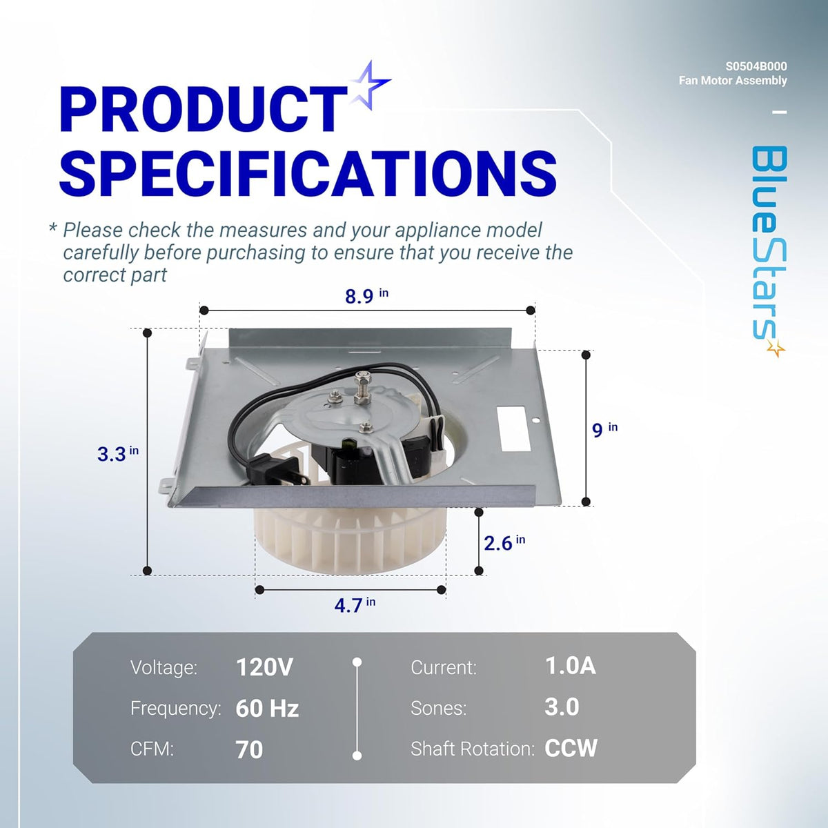 Bathroom exhaust fan motor assembly S0504B000 with technical dimension specifications and electrical ratings.
